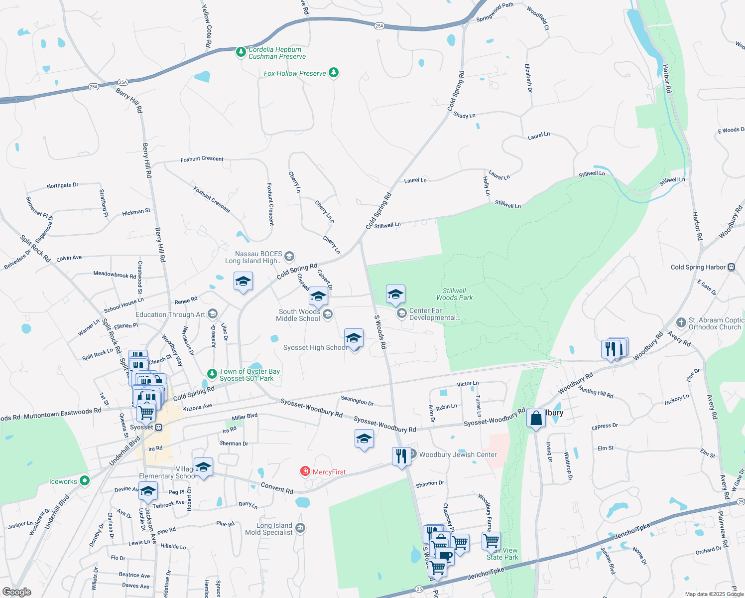 map of restaurants, bars, coffee shops, grocery stores, and more near South Woods Road in Woodbury
