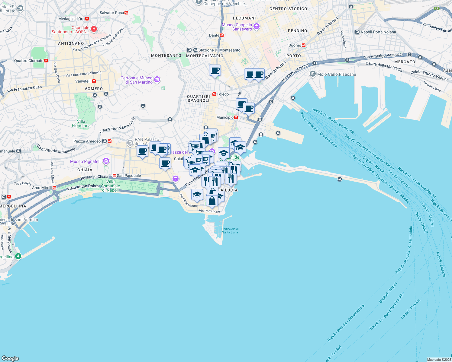 map of restaurants, bars, coffee shops, grocery stores, and more near 3 Via Petronio in Napoli