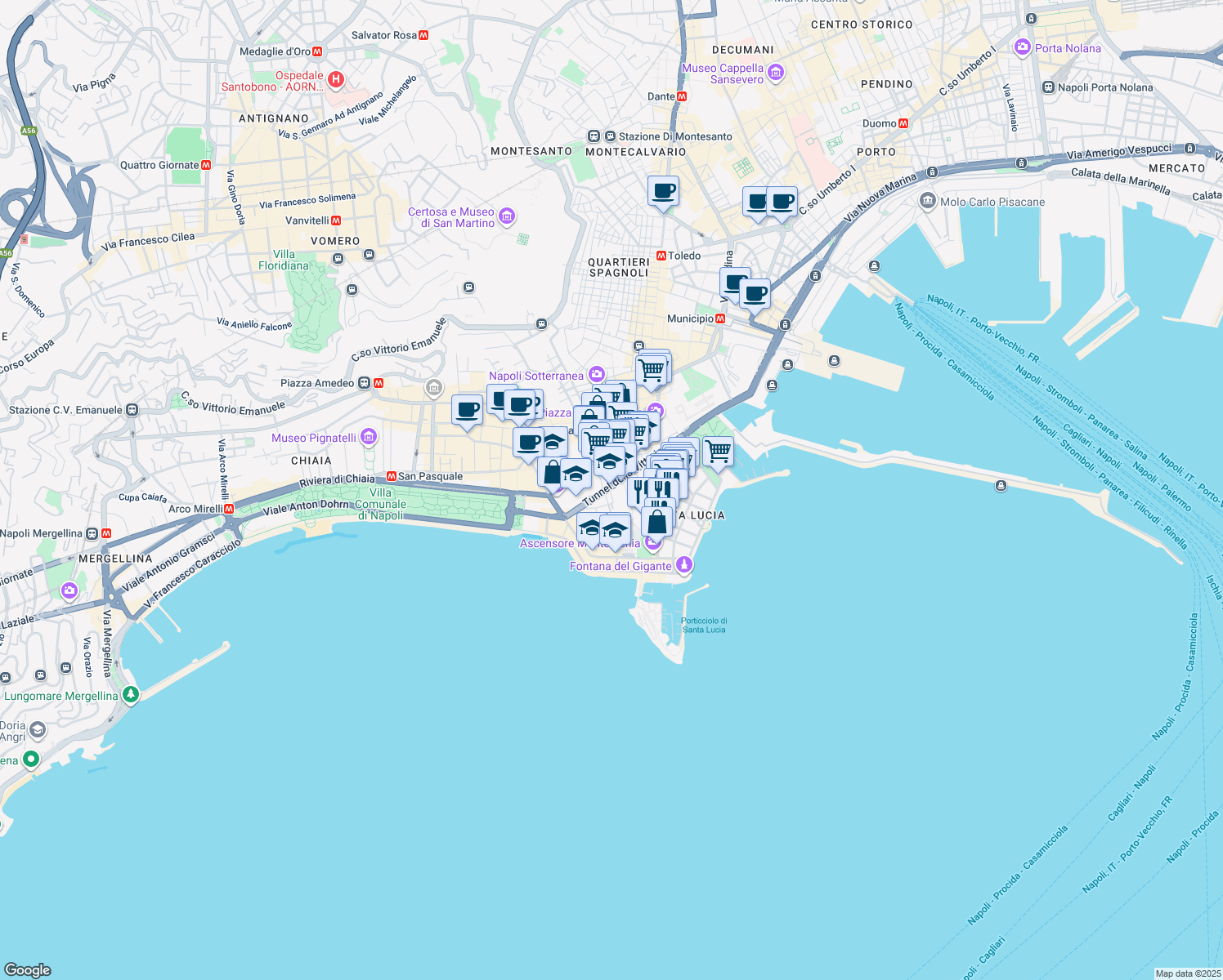map of restaurants, bars, coffee shops, grocery stores, and more near 61 Via Egiziaca a Pizzofalcone in Naples