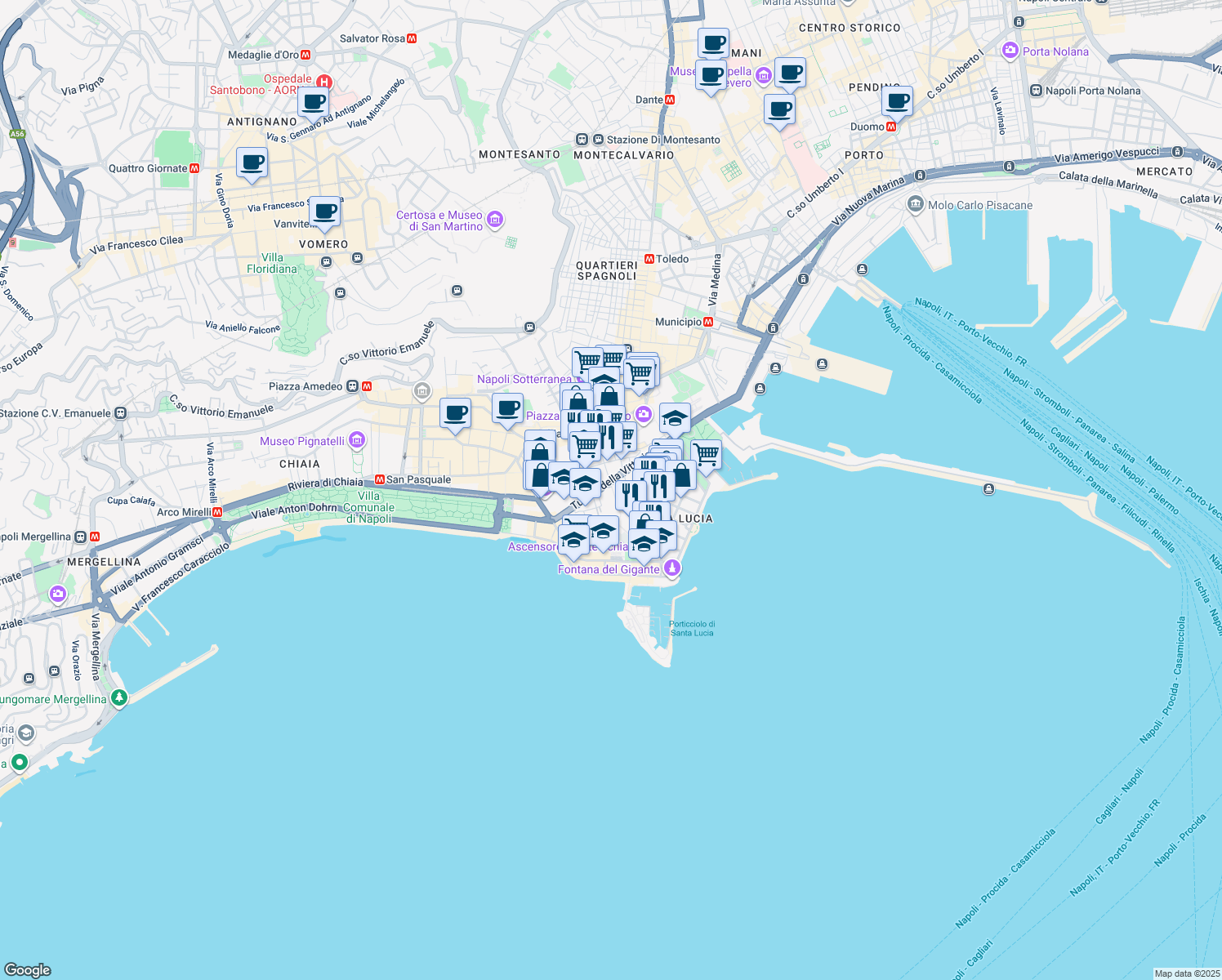 map of restaurants, bars, coffee shops, grocery stores, and more near 51-61 Via Egiziaca a Pizzofalcone in Naples