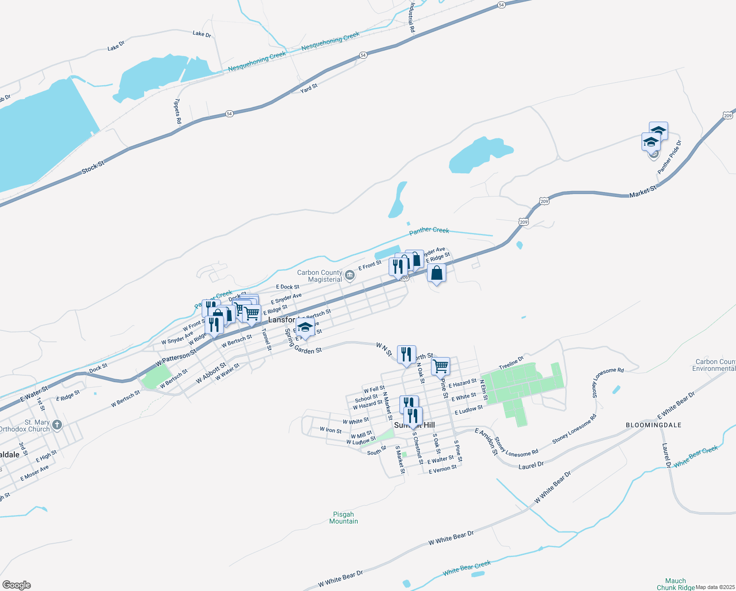 map of restaurants, bars, coffee shops, grocery stores, and more near 501 East Bertsch Street in Lansford
