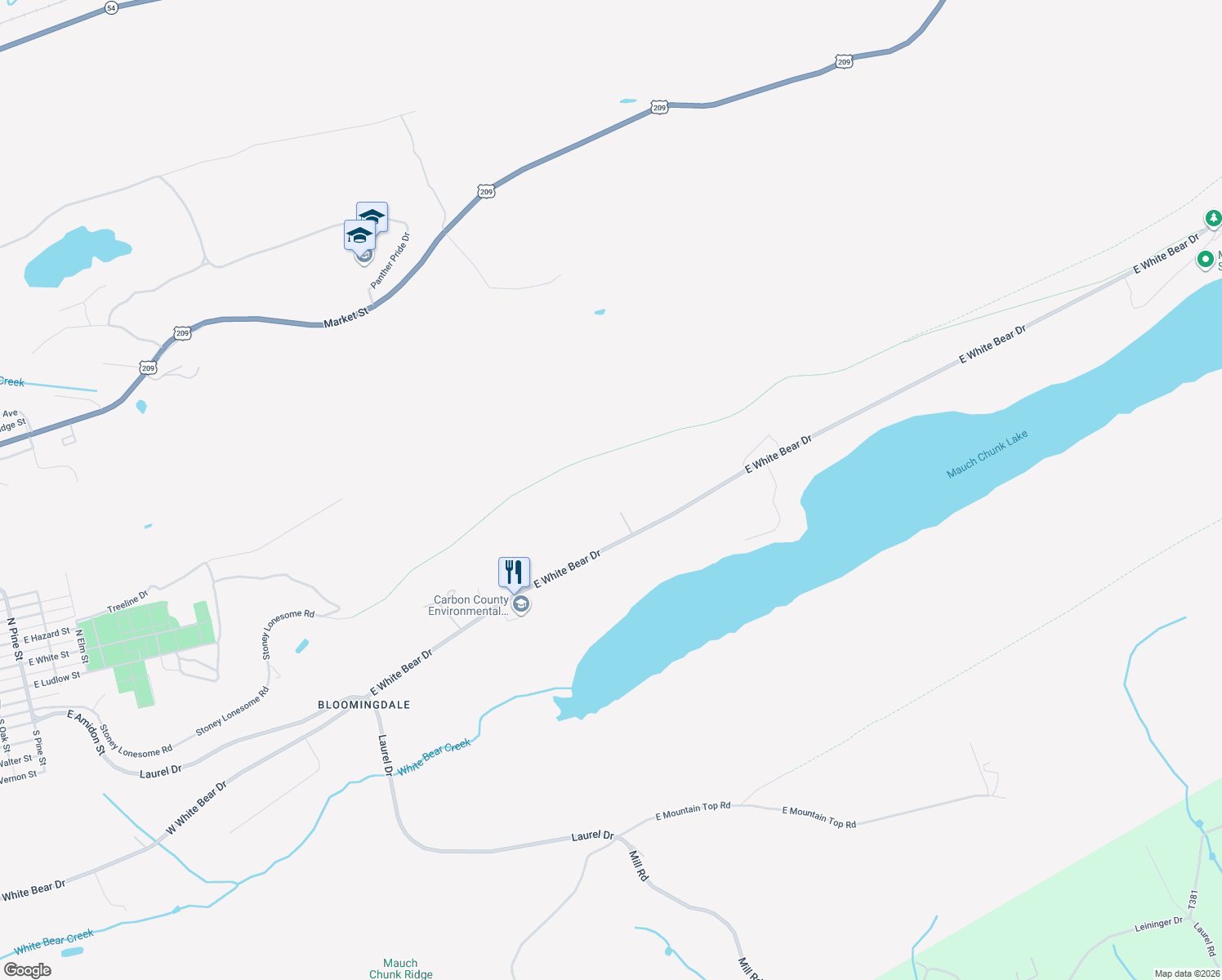 map of restaurants, bars, coffee shops, grocery stores, and more near 322 East White Bear Drive in Summit Hill