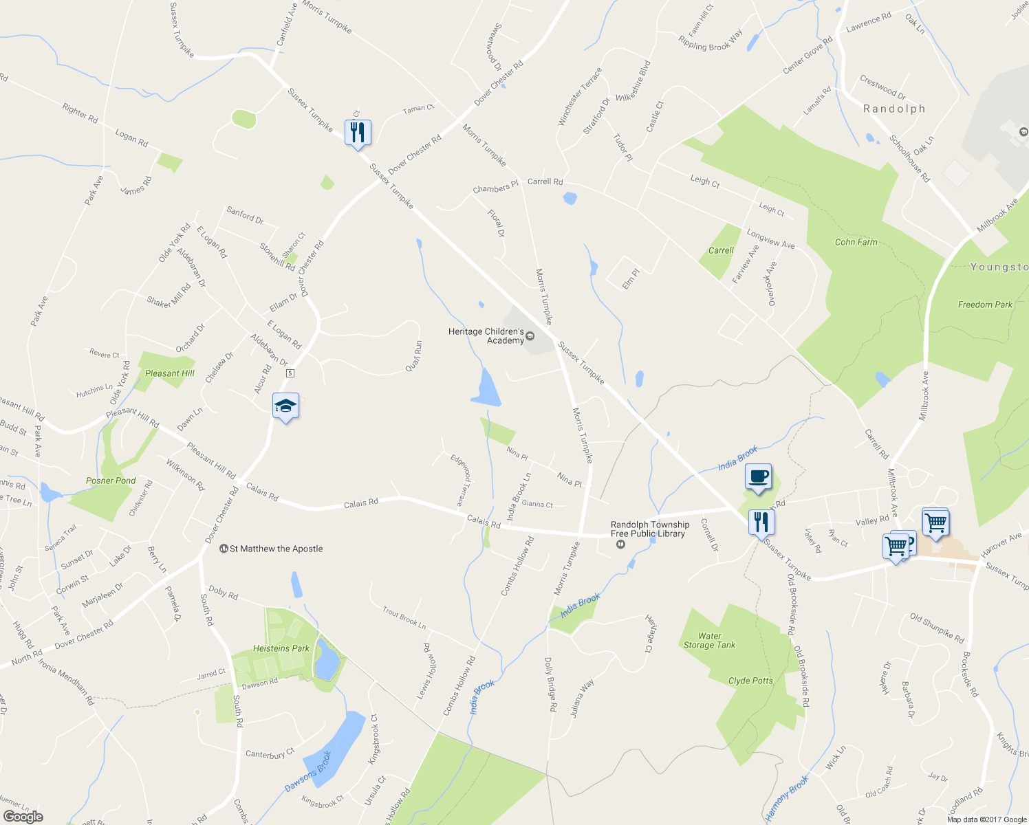 map of restaurants, bars, coffee shops, grocery stores, and more near 15 Lake Cherokee Drive in Randolph