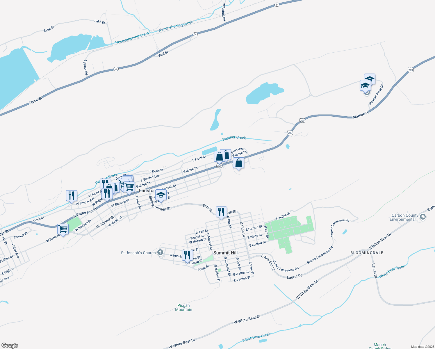 map of restaurants, bars, coffee shops, grocery stores, and more near 630 East Bertsch Street in Lansford