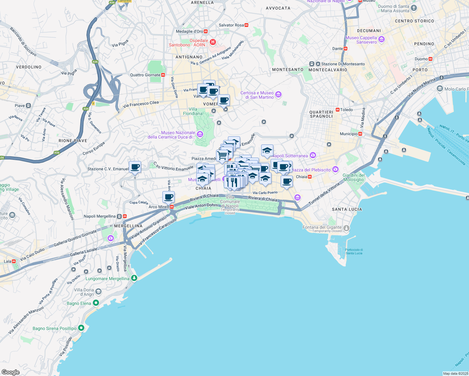 map of restaurants, bars, coffee shops, grocery stores, and more near 60 Via Giovanni Bausan in Napoli