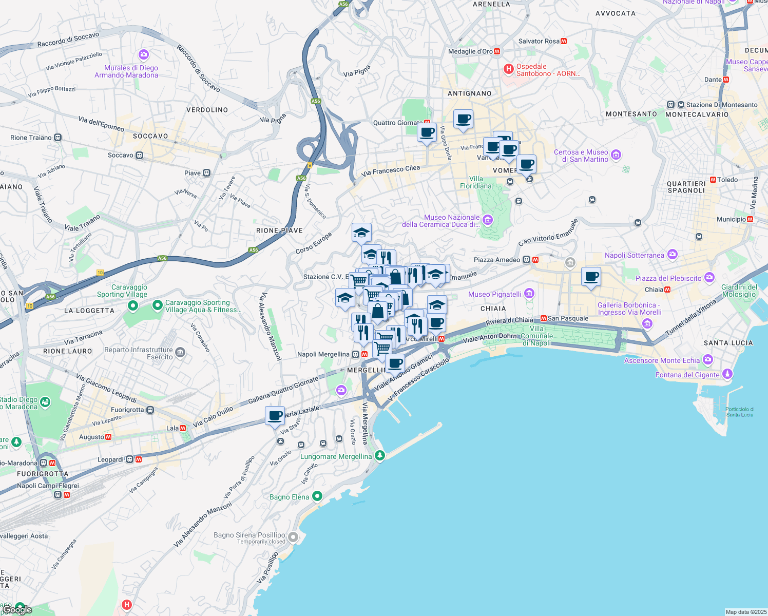 map of restaurants, bars, coffee shops, grocery stores, and more near 17 Via Francesco Giordani in Napoli