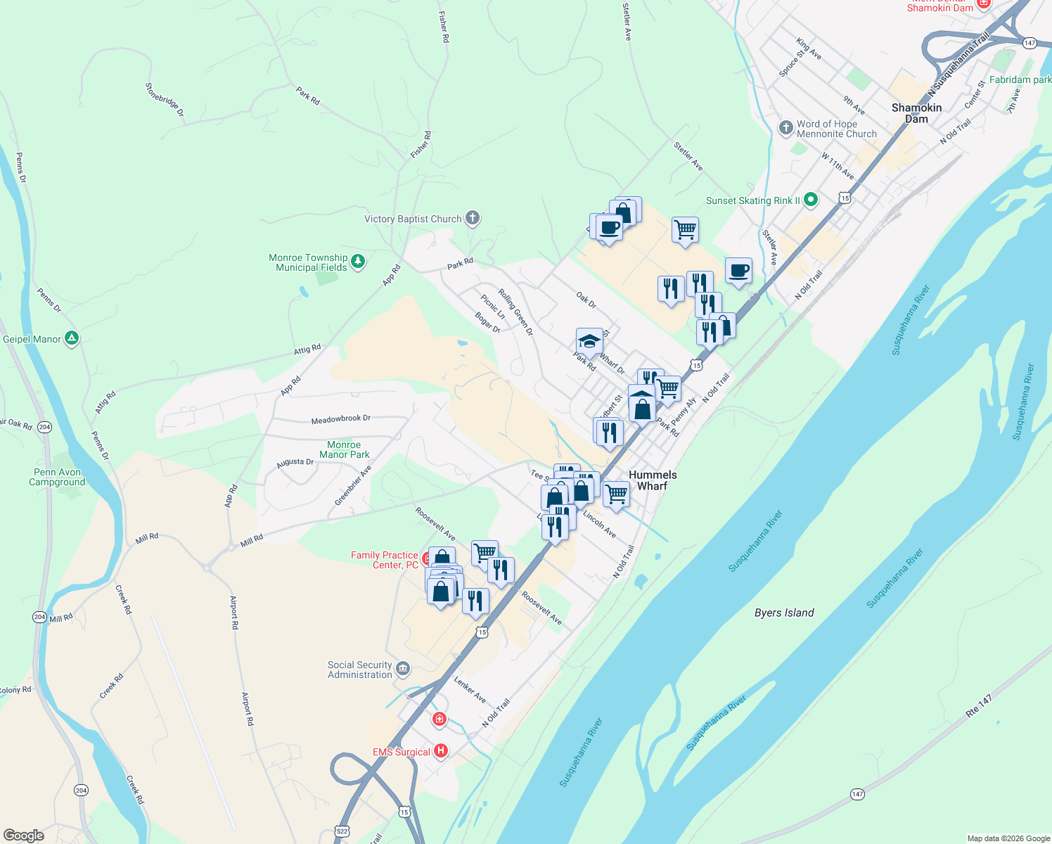 map of restaurants, bars, coffee shops, grocery stores, and more near 99 Country Club Dr in Selinsgrove