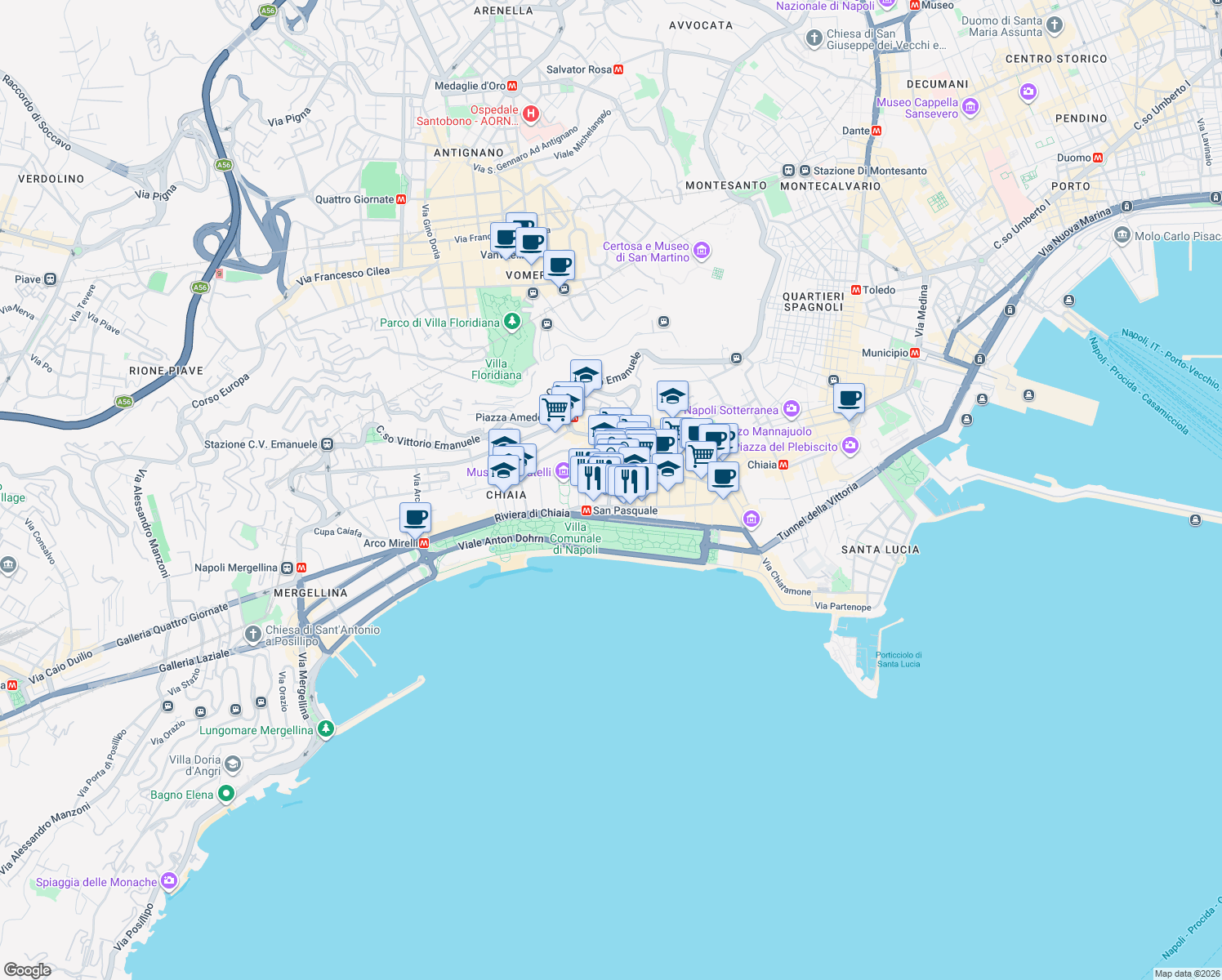 map of restaurants, bars, coffee shops, grocery stores, and more near 8 Via Vincenzo Cuoco in Naples