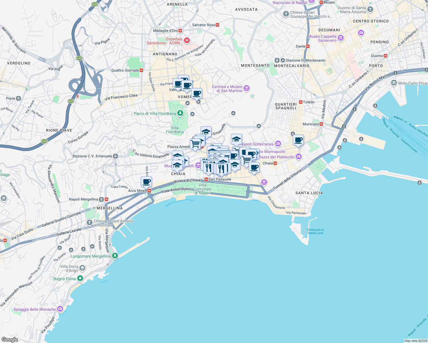 map of restaurants, bars, coffee shops, grocery stores, and more near 8 Via Vincenzo Cuoco in Naples