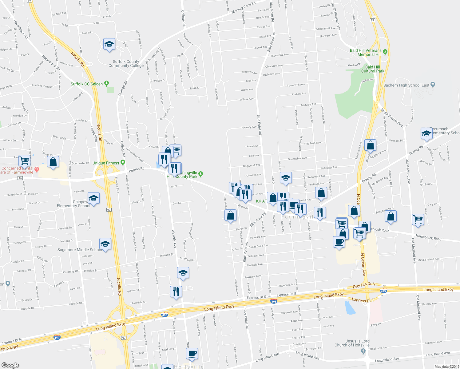 map of restaurants, bars, coffee shops, grocery stores, and more near 260 Lidge Drive in Farmingville