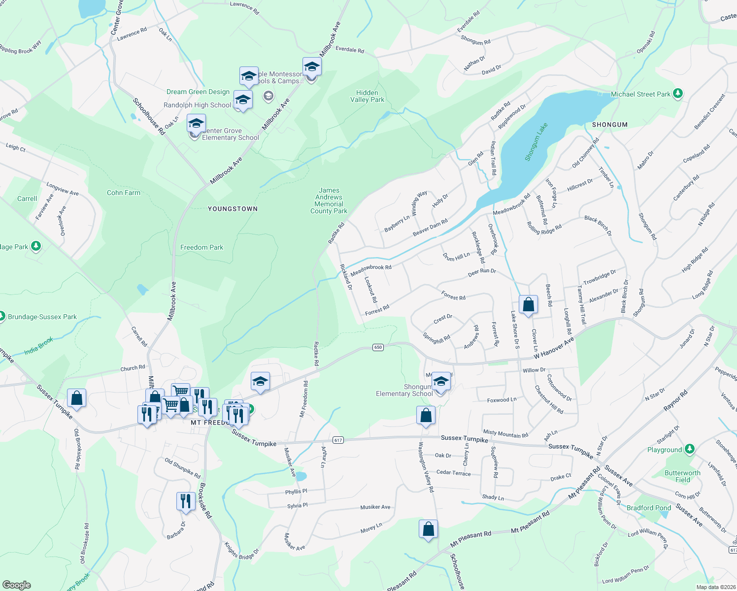 map of restaurants, bars, coffee shops, grocery stores, and more near 10 Lookout Road in Randolph