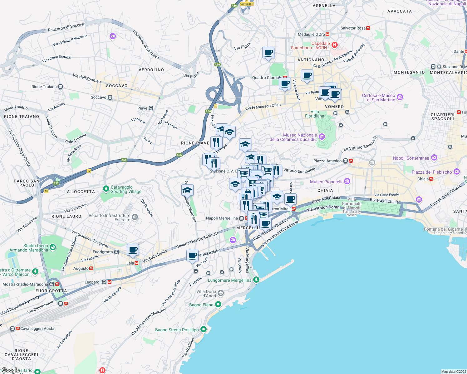 map of restaurants, bars, coffee shops, grocery stores, and more near 9 Via Privata del Parco Comola Ricci in Napoli
