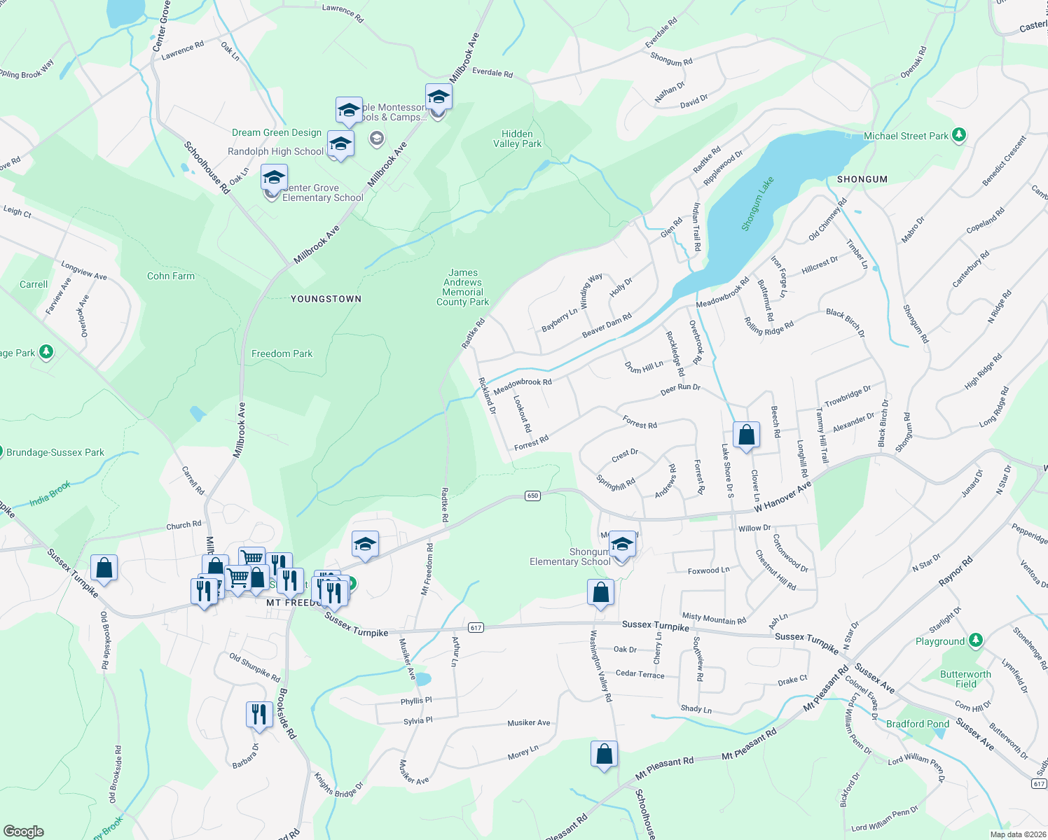 map of restaurants, bars, coffee shops, grocery stores, and more near 10 Lookout Road in Randolph