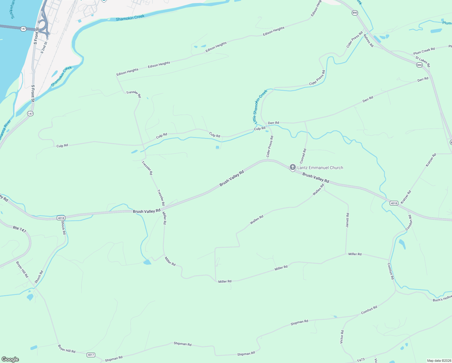 map of restaurants, bars, coffee shops, grocery stores, and more near Brush Valley Road in Northumberland County