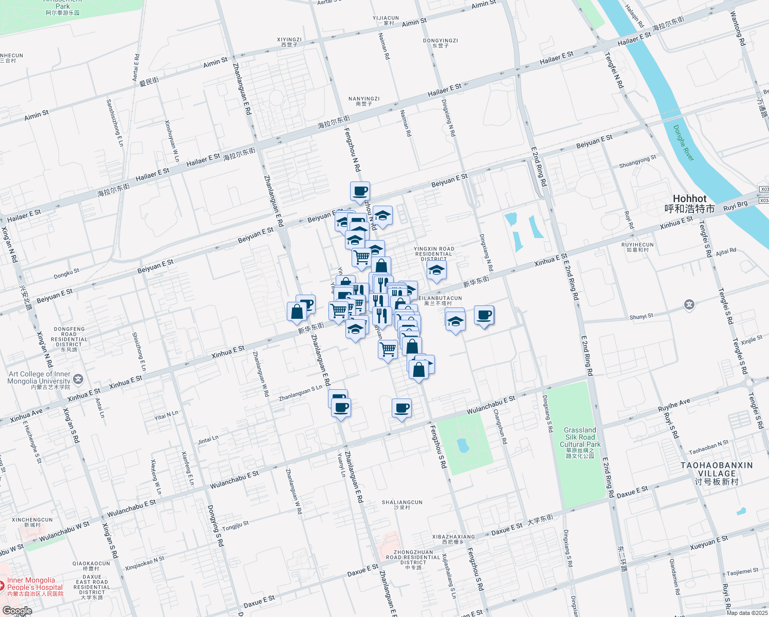 map of restaurants, bars, coffee shops, grocery stores, and more near Xin Hua Dong Jie in Hu He Hao Te Shi