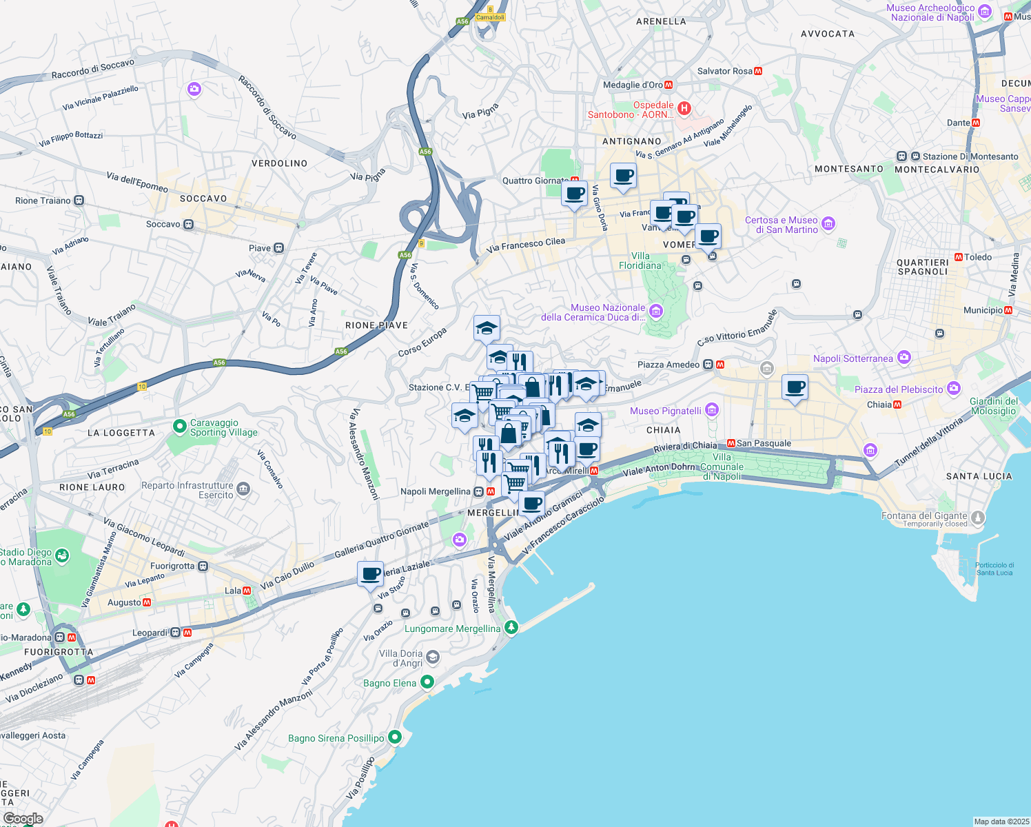 map of restaurants, bars, coffee shops, grocery stores, and more near 17 Via Francesco Giordani in Napoli