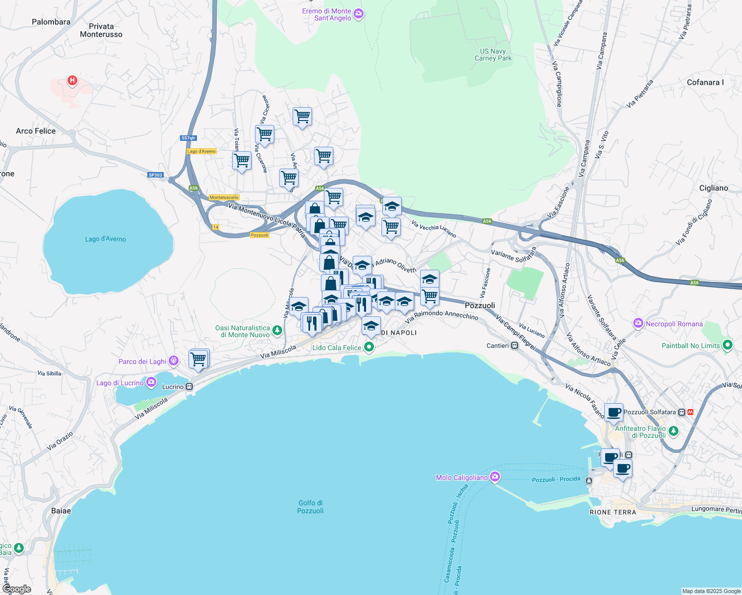 map of restaurants, bars, coffee shops, grocery stores, and more near Via Campi Flegrei in Pozzuoli