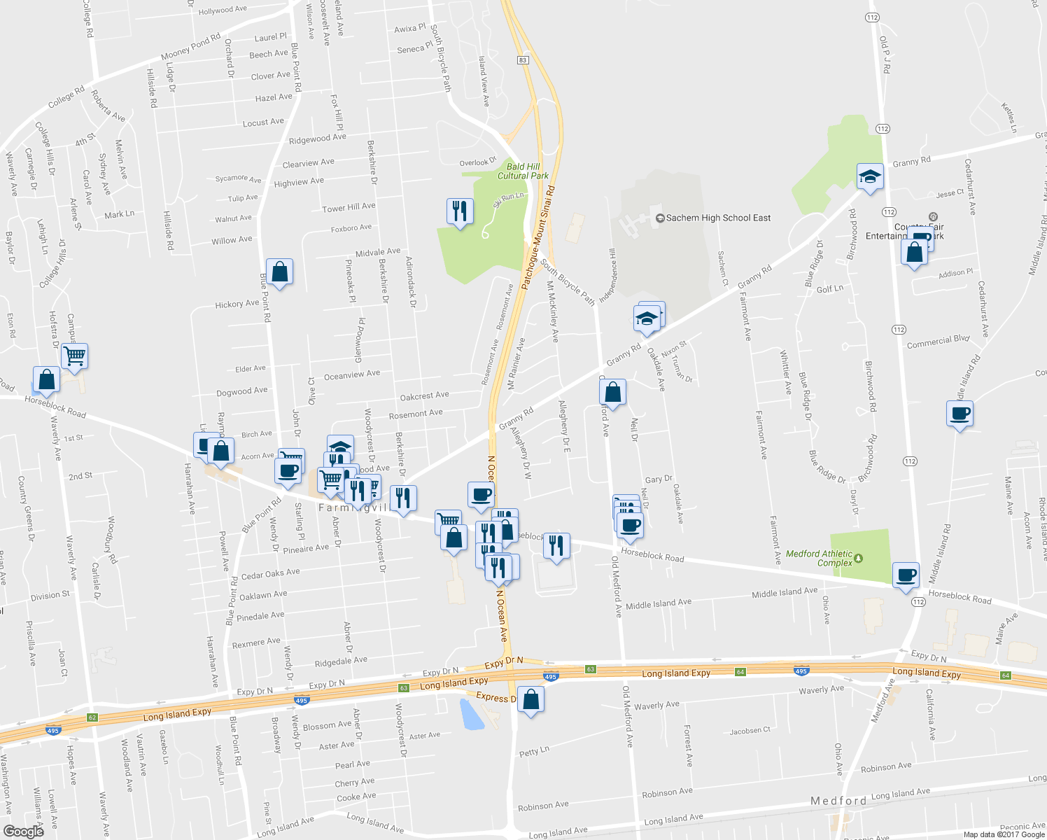 map of restaurants, bars, coffee shops, grocery stores, and more near 114 Granny Road in Farmingville
