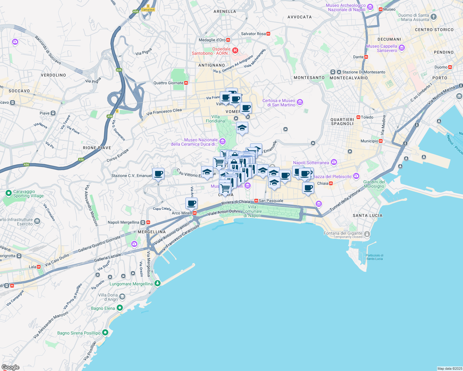 map of restaurants, bars, coffee shops, grocery stores, and more near 67 Via Giuseppe Martucci in Napoli