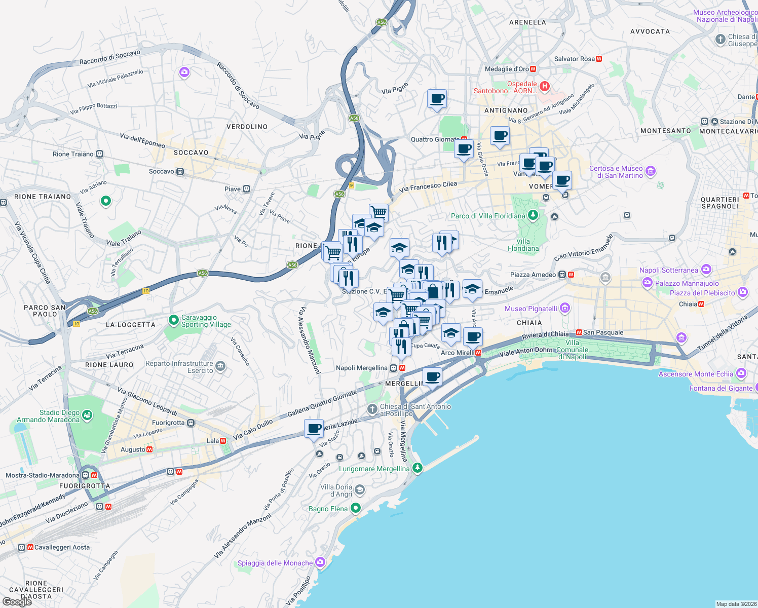 map of restaurants, bars, coffee shops, grocery stores, and more near Viale Privato Comola Ricci in Naples