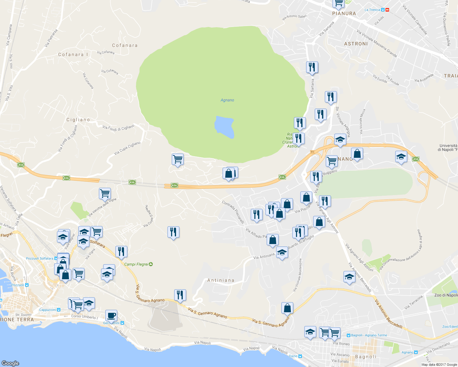 map of restaurants, bars, coffee shops, grocery stores, and more near A56 in Napoli