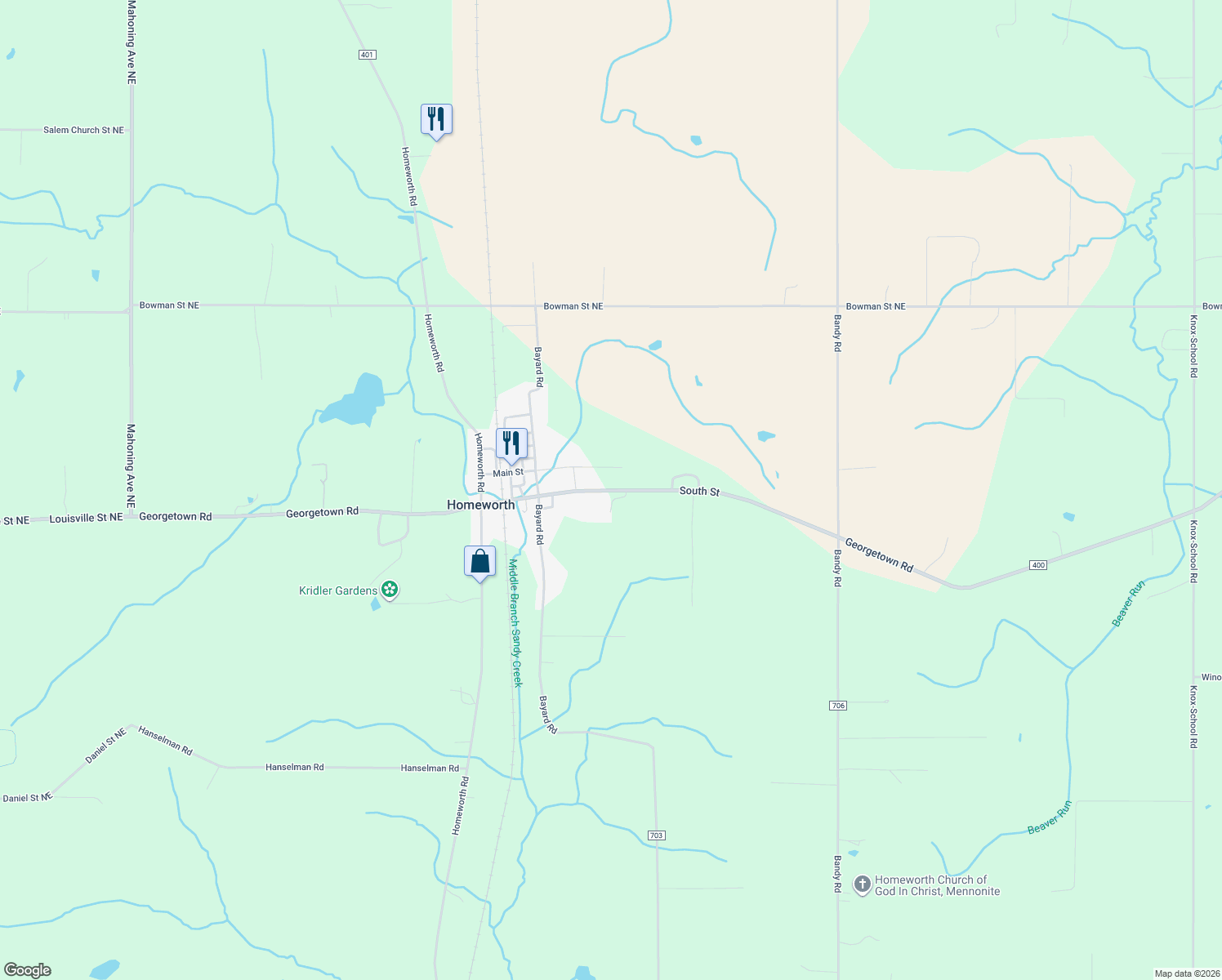 map of restaurants, bars, coffee shops, grocery stores, and more near 23498 Georgetown Road in Homeworth