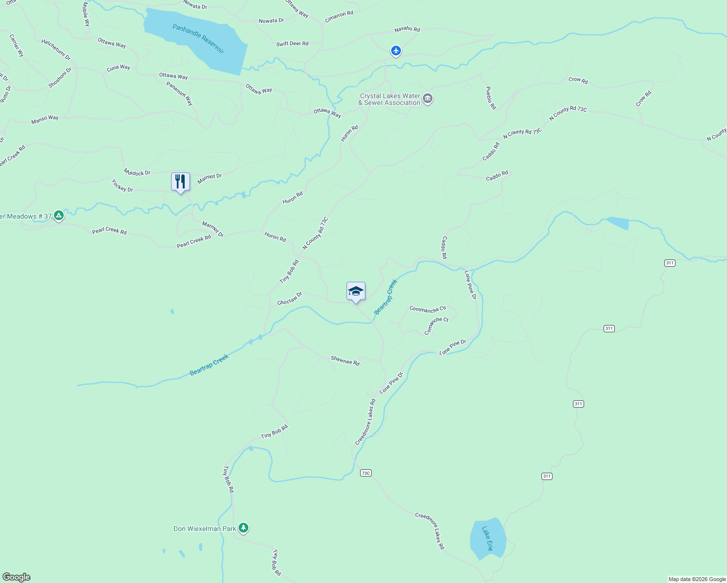 map of restaurants, bars, coffee shops, grocery stores, and more near 34 Beartrap Road in Red Feather Lakes