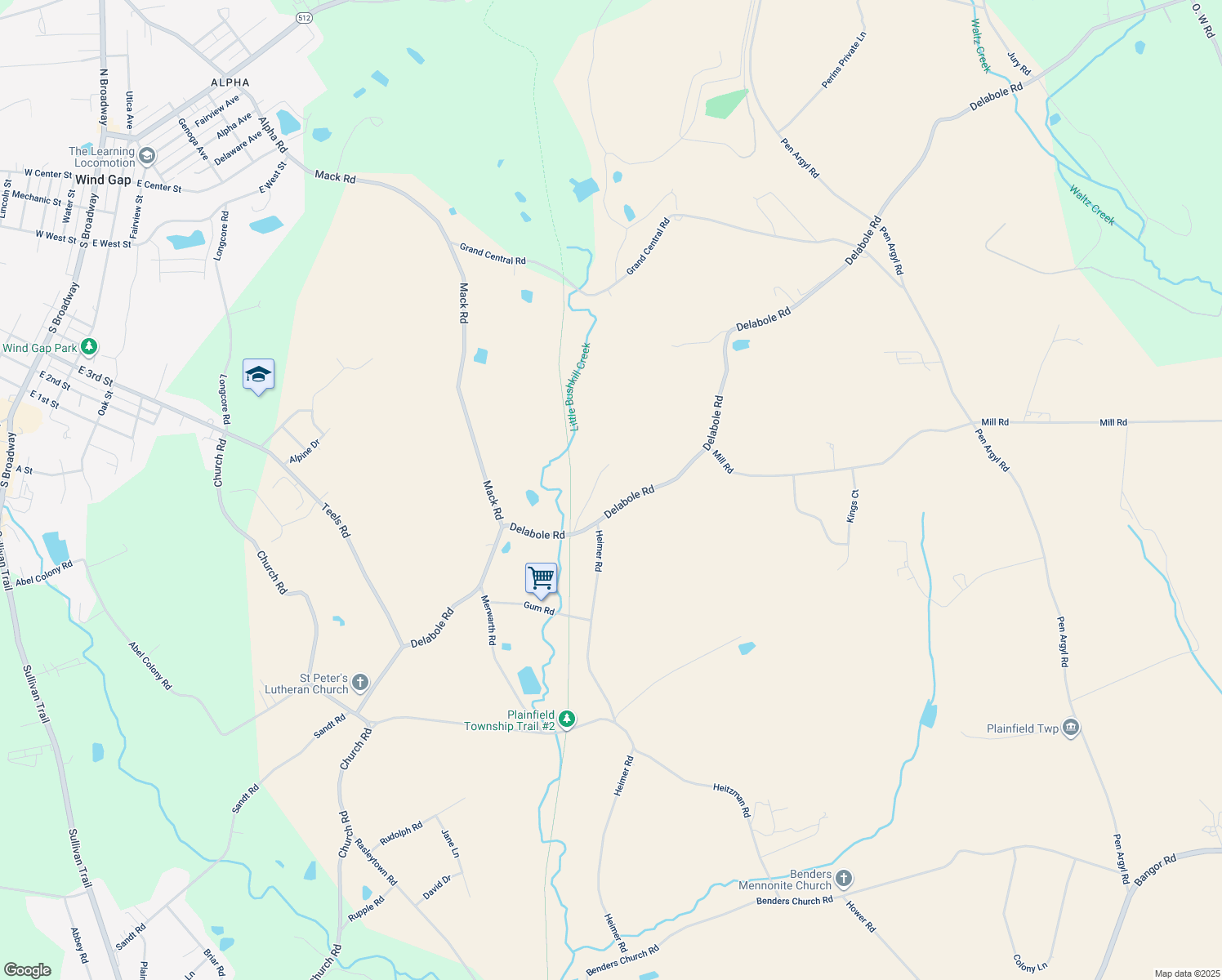 map of restaurants, bars, coffee shops, grocery stores, and more near 1639 Delabole Road in Pen Argyl