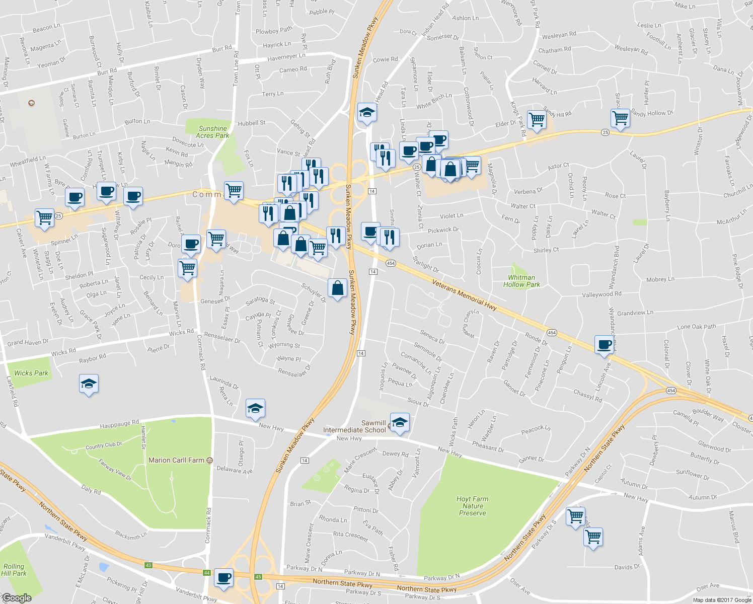 map of restaurants, bars, coffee shops, grocery stores, and more near 121 Harned Road in Commack