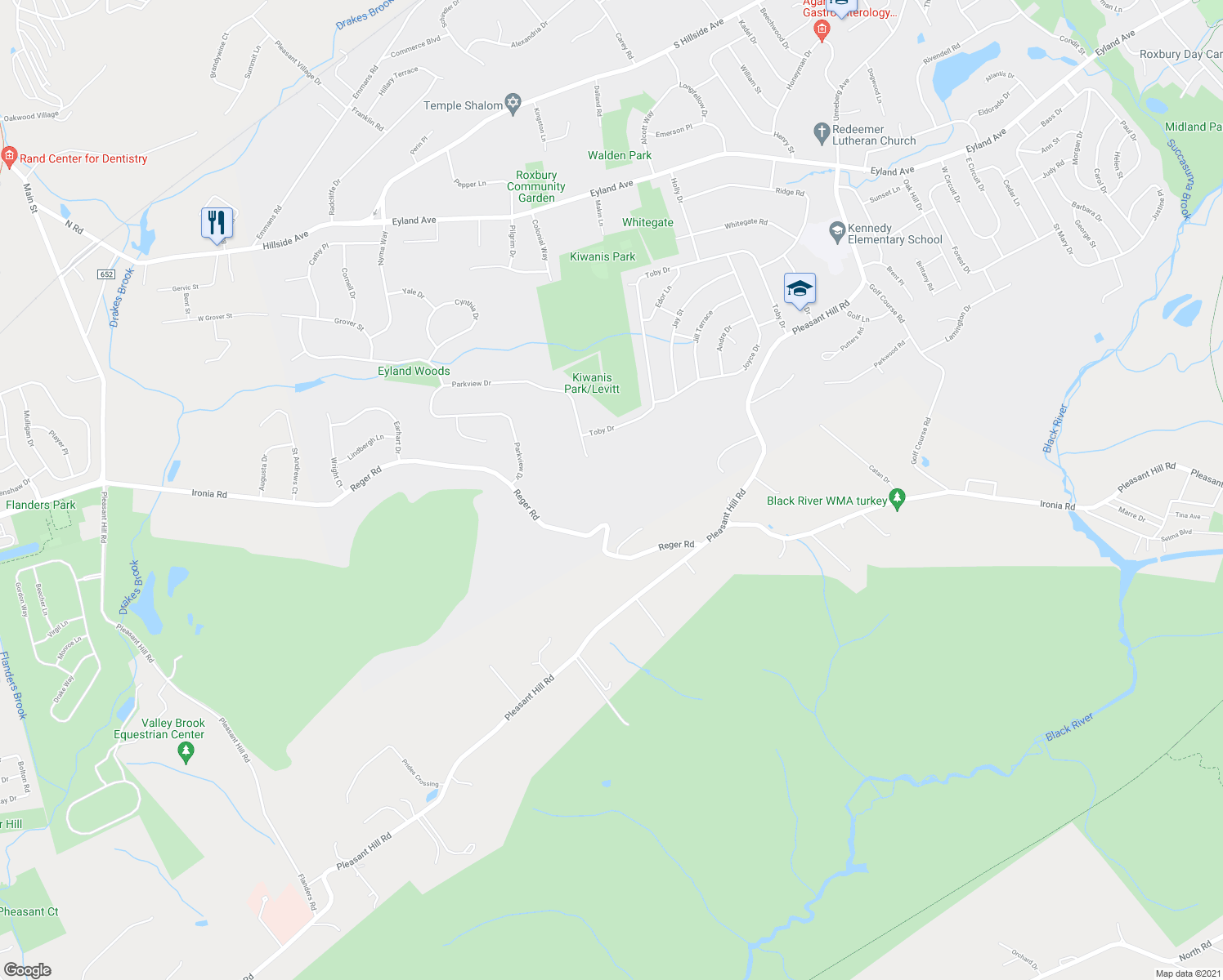 map of restaurants, bars, coffee shops, grocery stores, and more near 10 Reger Road in Roxbury Township