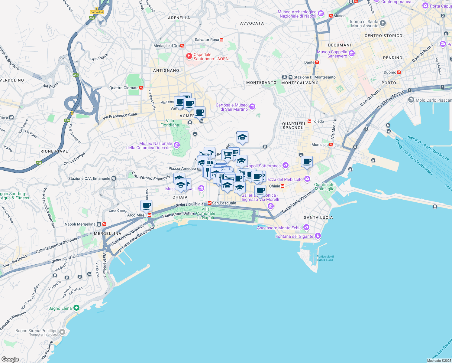 map of restaurants, bars, coffee shops, grocery stores, and more near 31 Via Giosuè Carducci in Napoli