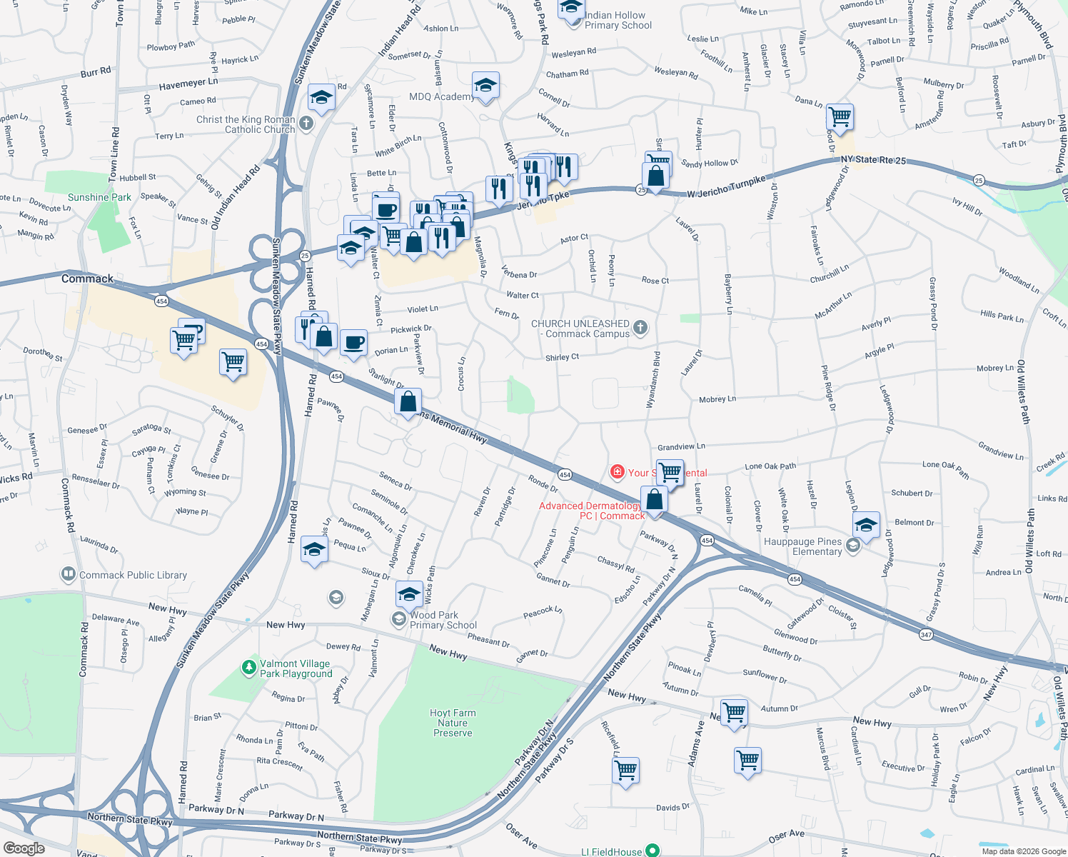 map of restaurants, bars, coffee shops, grocery stores, and more near 58 Valleywood Road in Commack