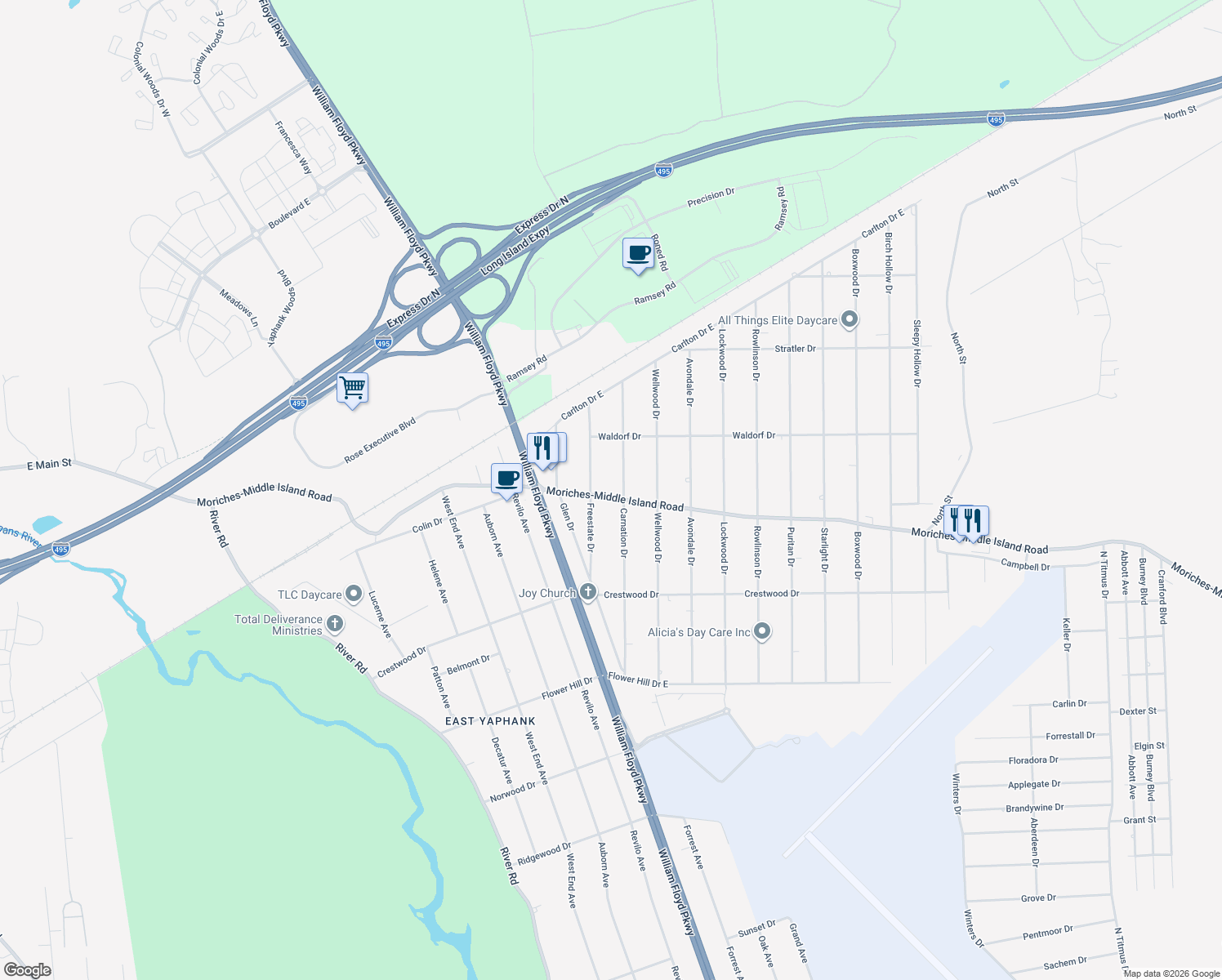 map of restaurants, bars, coffee shops, grocery stores, and more near 85 Moriches-Middle Island Road in Shirley