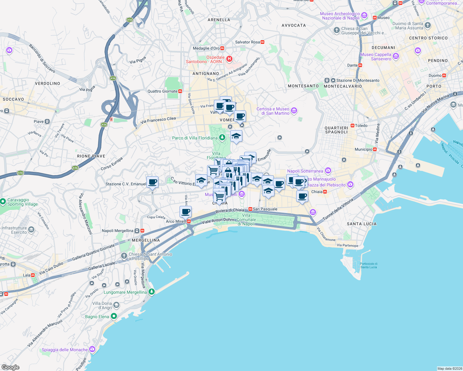 map of restaurants, bars, coffee shops, grocery stores, and more near 67-69 Via Giuseppe Martucci in Naples