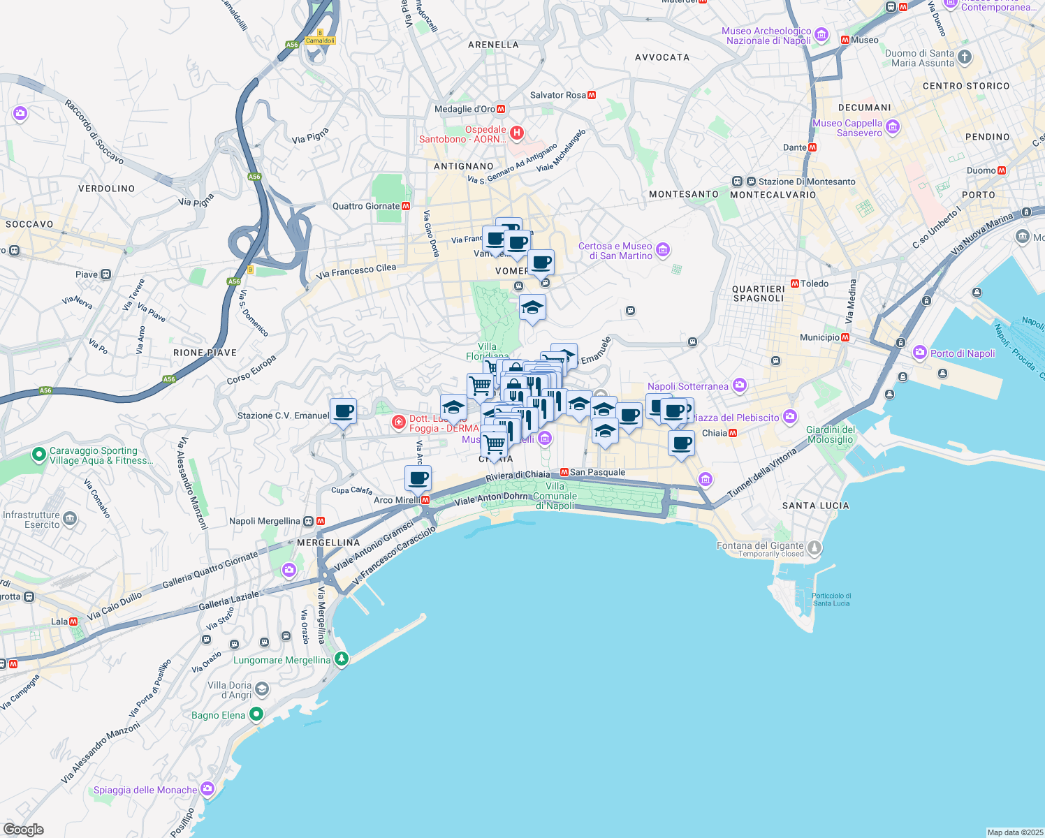 map of restaurants, bars, coffee shops, grocery stores, and more near 67-69 Via Giuseppe Martucci in Naples