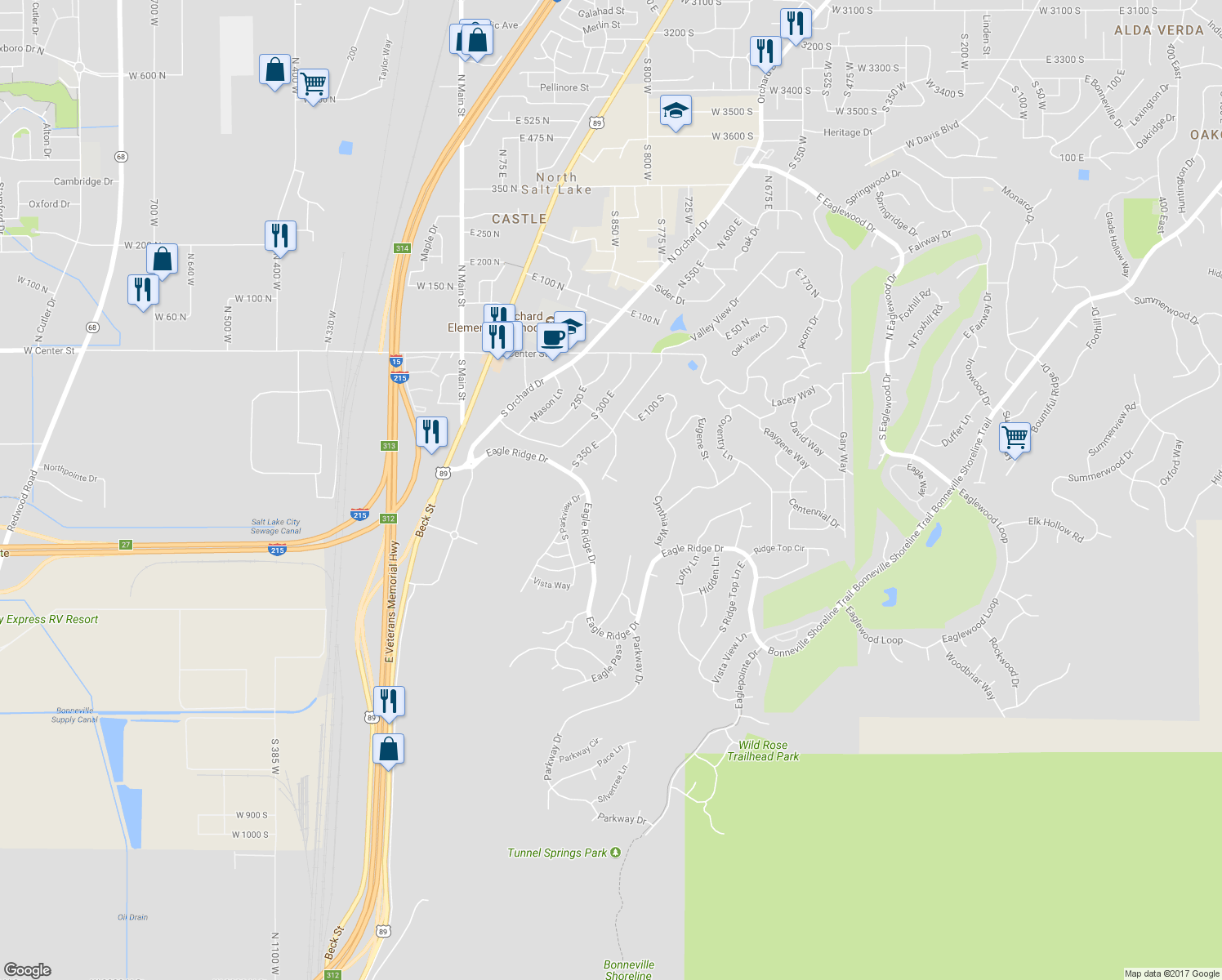 map of restaurants, bars, coffee shops, grocery stores, and more near 410 Springhill Circle in North Salt Lake