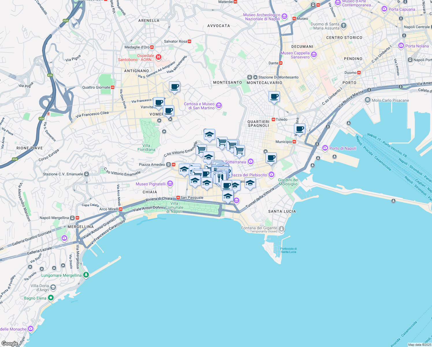 map of restaurants, bars, coffee shops, grocery stores, and more near 26 Via Gaetano Filangieri in Napoli