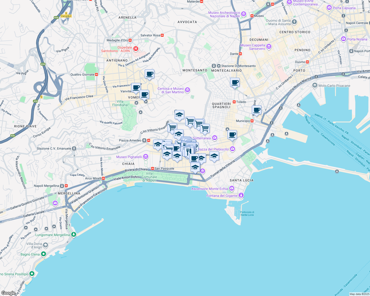 map of restaurants, bars, coffee shops, grocery stores, and more near 26 Via Gaetano Filangieri in Napoli