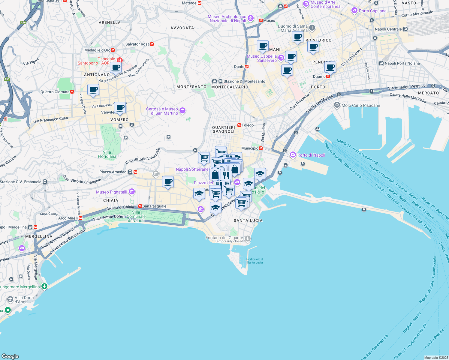 map of restaurants, bars, coffee shops, grocery stores, and more near 38 Via Gaetano Filangieri in Napoli