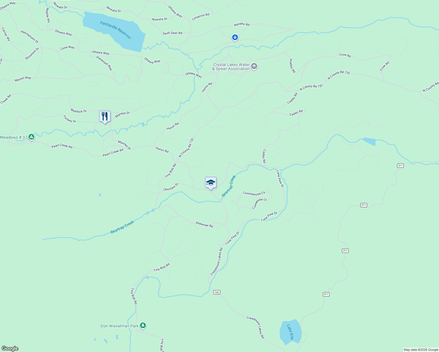 map of restaurants, bars, coffee shops, grocery stores, and more near 34 Beartrap Road in Red Feather Lakes