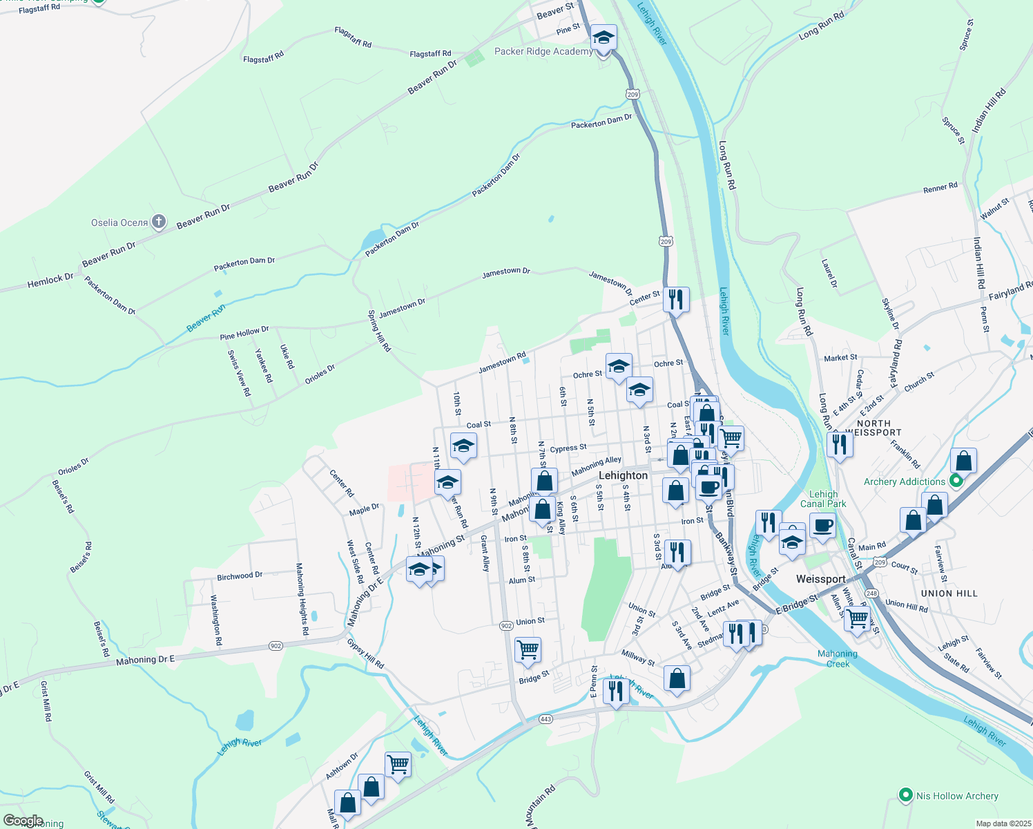 map of restaurants, bars, coffee shops, grocery stores, and more near 738 Coal Street in Lehighton