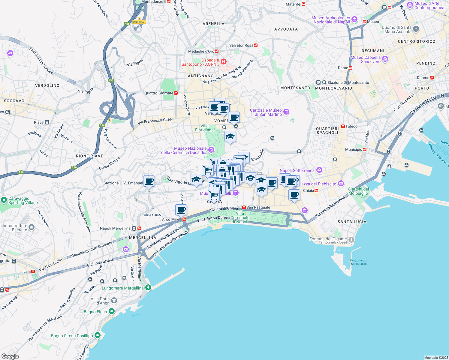map of restaurants, bars, coffee shops, grocery stores, and more near 67-69 Via Giuseppe Martucci in Naples