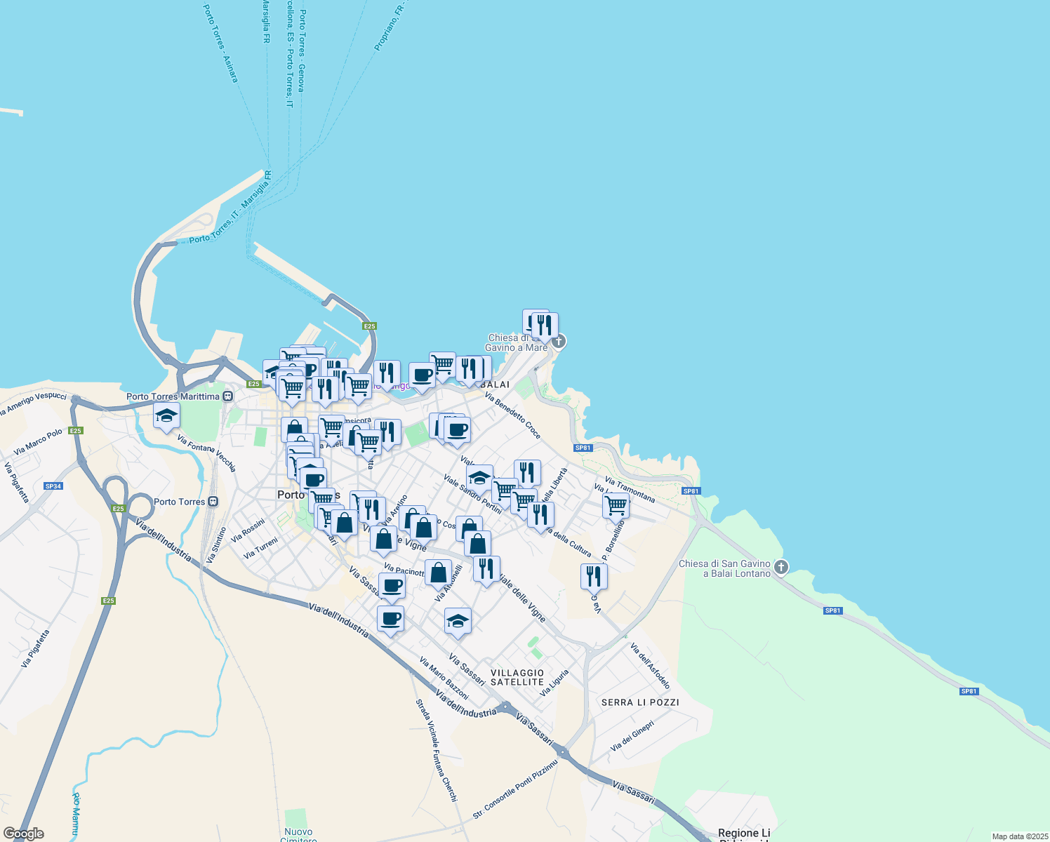 map of restaurants, bars, coffee shops, grocery stores, and more near 13 Via Benedetto Croce in Porto Torres