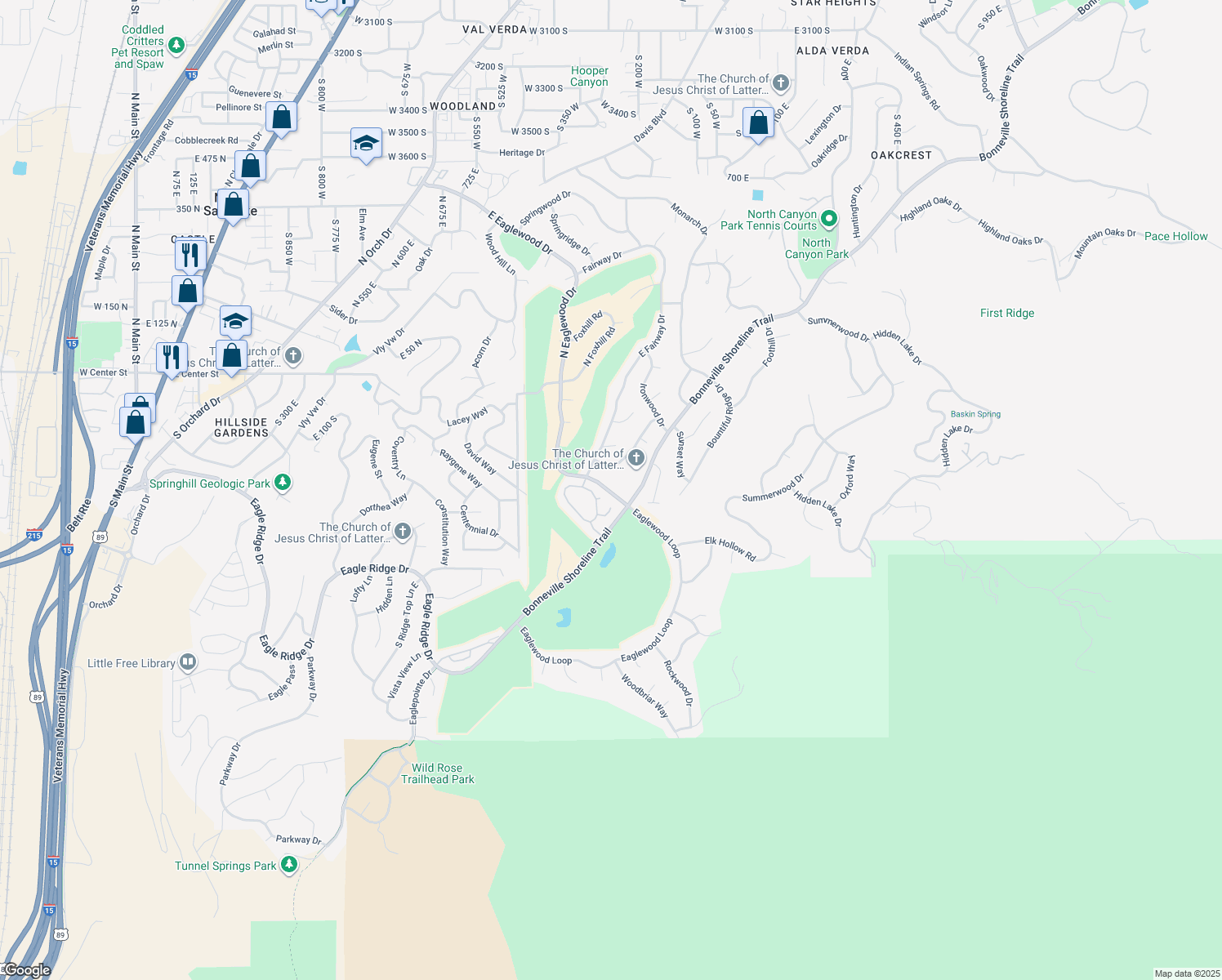 map of restaurants, bars, coffee shops, grocery stores, and more near 1031 East Eaglewood Drive in North Salt Lake