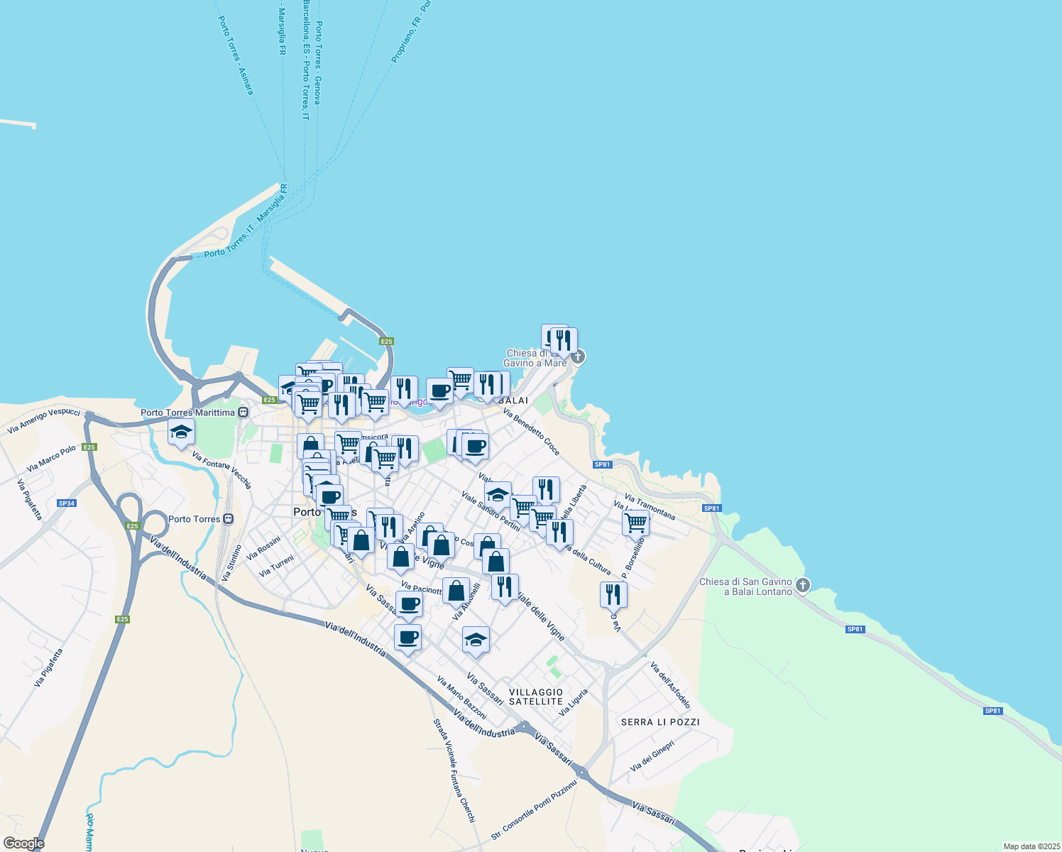 map of restaurants, bars, coffee shops, grocery stores, and more near 13 Via Benedetto Croce in Porto Torres