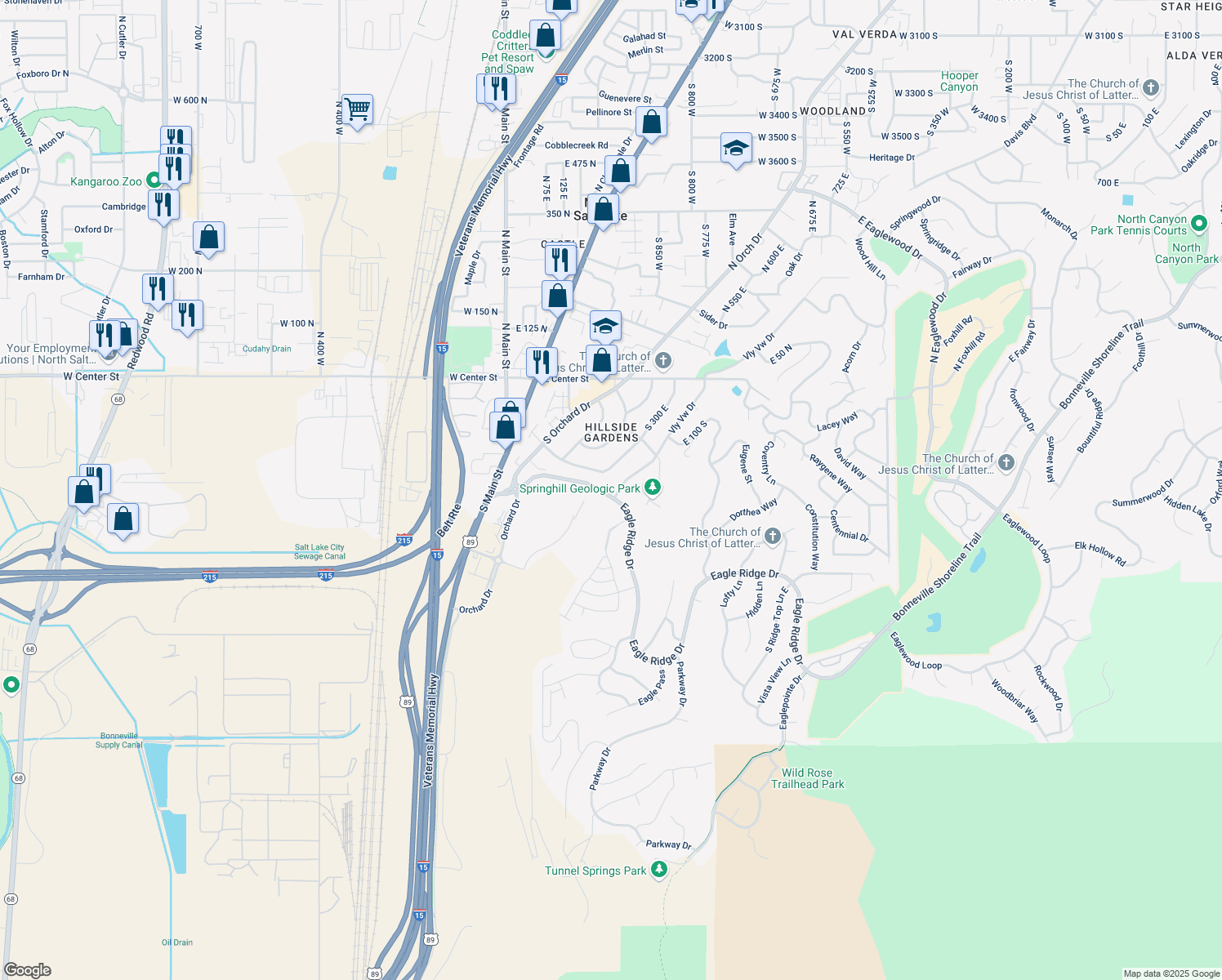 map of restaurants, bars, coffee shops, grocery stores, and more near 202 S 350 E in North Salt Lake