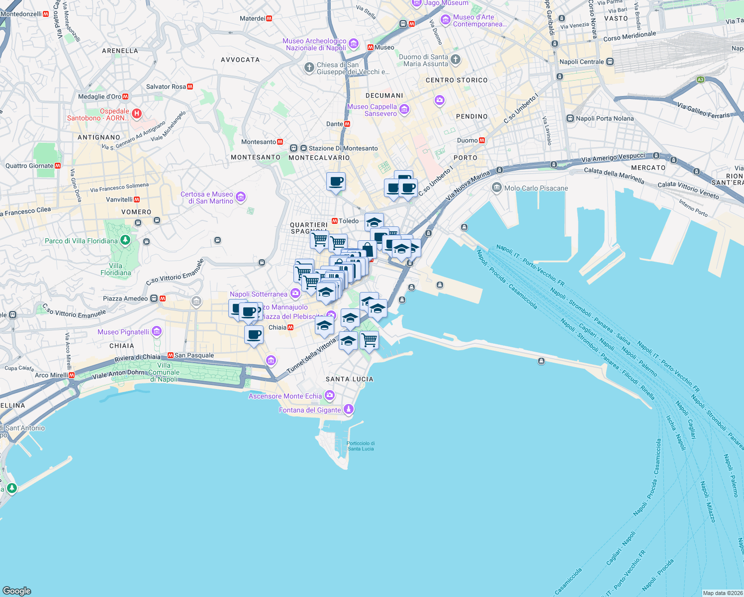 map of restaurants, bars, coffee shops, grocery stores, and more near Via Parco del Castello in Naples