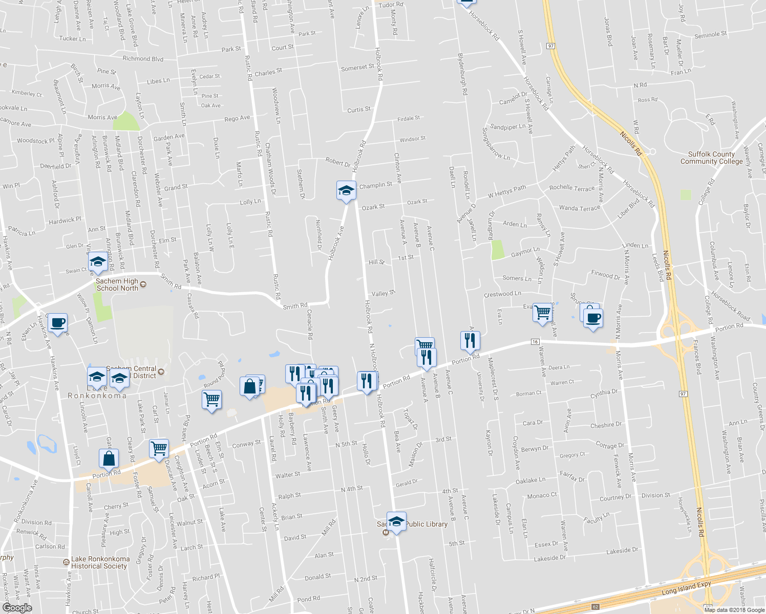 map of restaurants, bars, coffee shops, grocery stores, and more near 7 Daniel Court in Lake Ronkonkoma