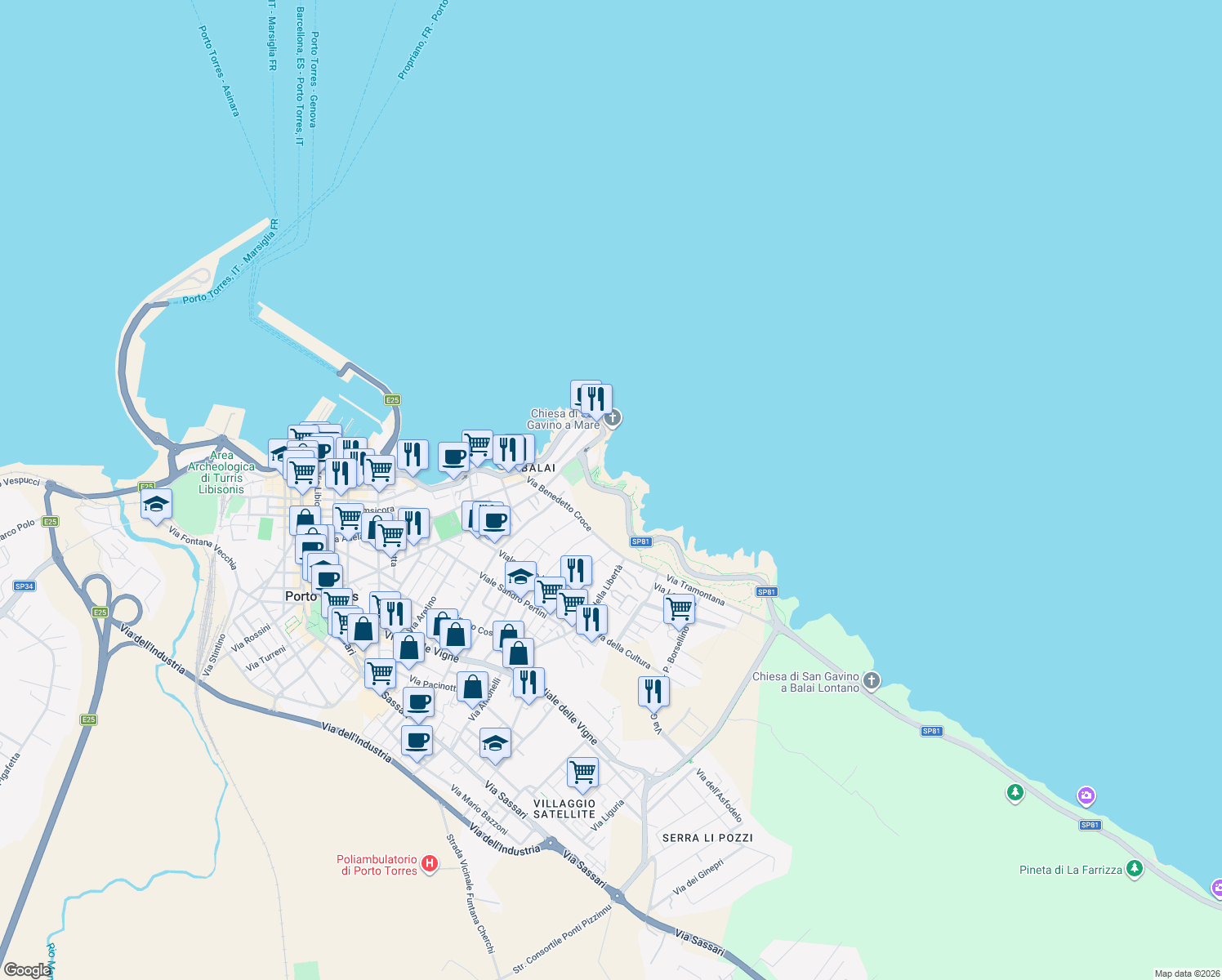 map of restaurants, bars, coffee shops, grocery stores, and more near in Province of Sassari