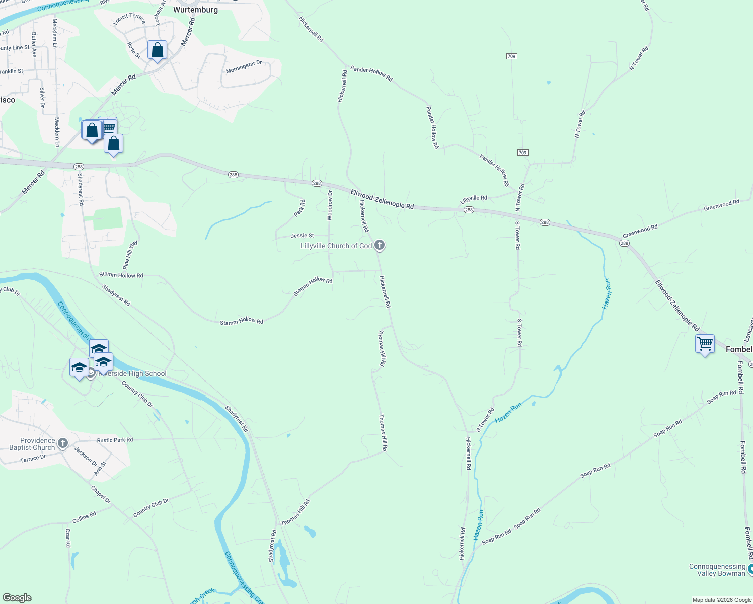 map of restaurants, bars, coffee shops, grocery stores, and more near 371 Hickernell Road in Fombell